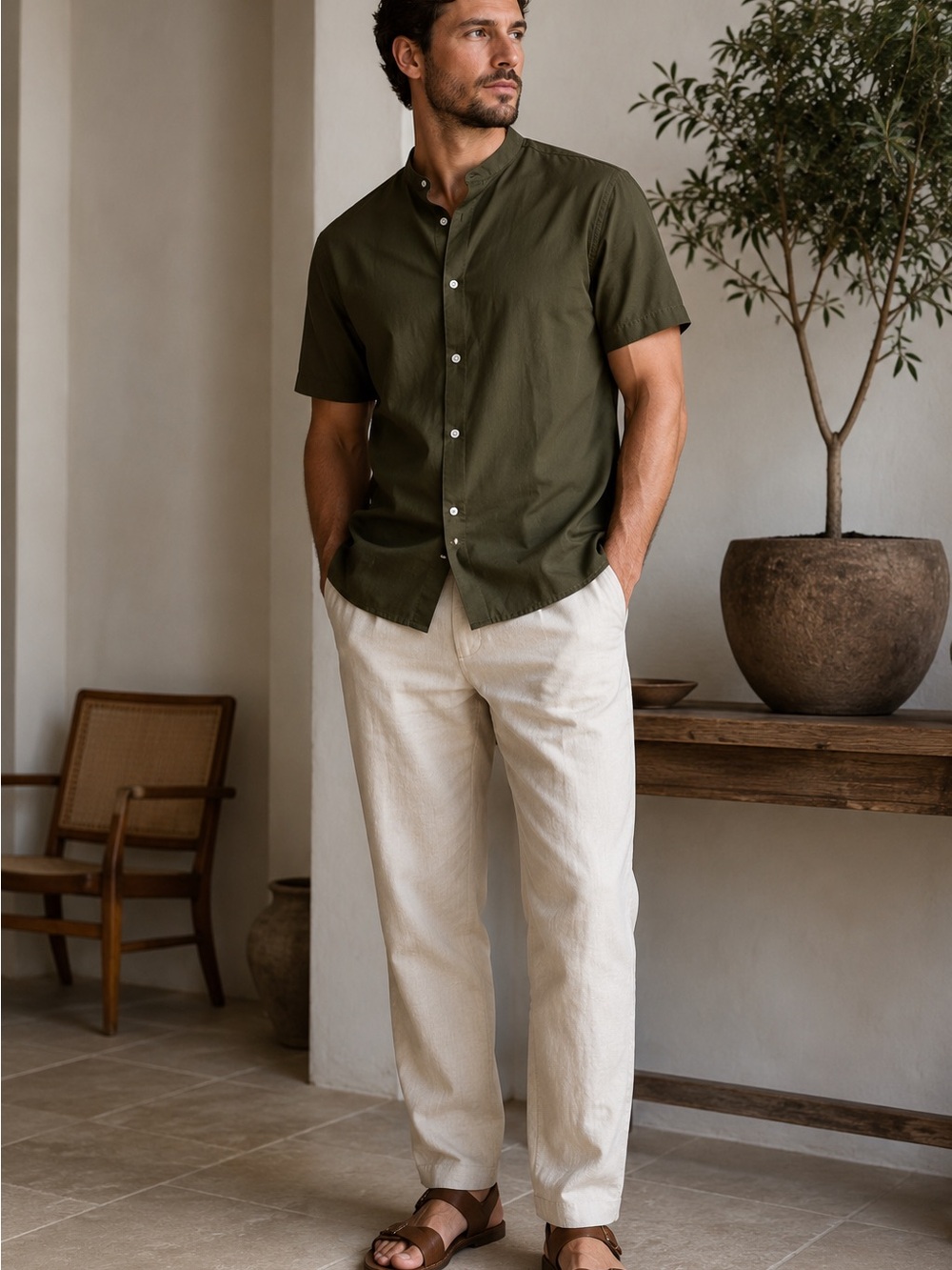 ASOS DESIGN Men’s Olive Green Grandad Collar Shirt Short Sleeve L 42”*